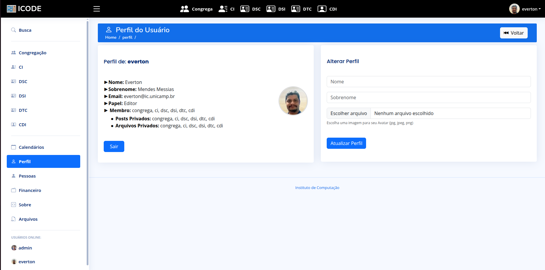 Página de perfil e menu lateral